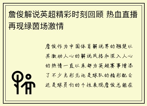 詹俊解说英超精彩时刻回顾 热血直播再现绿茵场激情