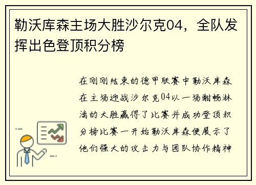 勒沃库森主场大胜沙尔克04，全队发挥出色登顶积分榜
