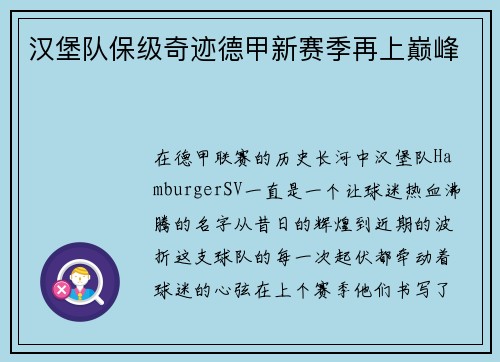 汉堡队保级奇迹德甲新赛季再上巅峰