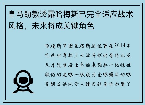 皇马助教透露哈梅斯已完全适应战术风格，未来将成关键角色